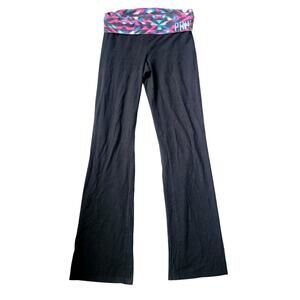 VS Pink Womens Small 2013 Foldover Yoga Pants Flare Leggings Black Logo Y2K